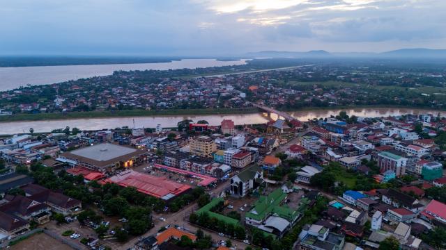 (260715) -- PAKSE, July 15, 2026 (Xinhua) -- An aerial photo taken on July 14, 2026 shows a view of Pakse city in Champasak Province, Laos. Pakse, the capital of Champasak Province, serves as a major economic and transportation hub in southern Laos. (Photo by Kaikeo Saiyasane/Xinhua)