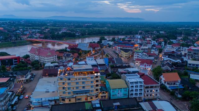 (260715) -- PAKSE, July 15, 2026 (Xinhua) -- An aerial photo taken on July 14, 2026 shows a view of Pakse city in Champasak Province, Laos. Pakse, the capital of Champasak Province, serves as a major economic and transportation hub in southern Laos. (Photo by Kaikeo Saiyasane/Xinhua)