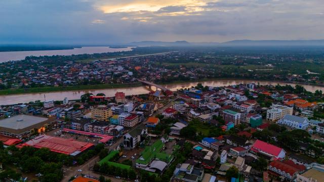 (260715) -- PAKSE, July 15, 2026 (Xinhua) -- An aerial photo taken on July 14, 2026 shows a view of Pakse city in Champasak Province, Laos. Pakse, the capital of Champasak Province, serves as a major economic and transportation hub in southern Laos. (Photo by Kaikeo Saiyasane/Xinhua)