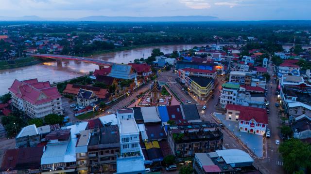 (260715) -- PAKSE, July 15, 2026 (Xinhua) -- An aerial photo taken on July 14, 2026 shows a view of Pakse city in Champasak Province, Laos. Pakse, the capital of Champasak Province, serves as a major economic and transportation hub in southern Laos. (Photo by Kaikeo Saiyasane/Xinhua)