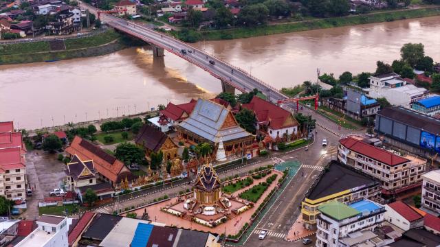 (260715) -- PAKSE, July 15, 2026 (Xinhua) -- An aerial photo taken on July 14, 2026 shows a view of Pakse city in Champasak Province, Laos. Pakse, the capital of Champasak Province, serves as a major economic and transportation hub in southern Laos. (Photo by Kaikeo Saiyasane/Xinhua)