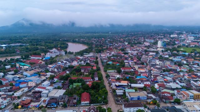 (260715) -- PAKSE, July 15, 2026 (Xinhua) -- An aerial photo taken on July 14, 2026 shows a view of Pakse city in Champasak Province, Laos. Pakse, the capital of Champasak Province, serves as a major economic and transportation hub in southern Laos. (Photo by Kaikeo Saiyasane/Xinhua)