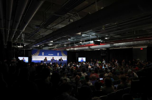 (260715) -- ATLANTA, July 15, 2026 (Xinhua) -- This photo taken on July 14, 2026 shows a press conference held ahead of the semifinal match between Argentina and England at the 2026 FIFA World Cup in Atlanta, Georgia, the United States. (Xinhua/Li Ming)