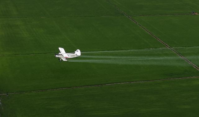 (260715) -- HARBIN, July 15, 2026 (Xinhua) -- An aerial drone photo taken on July 14, 2026 shows an agricultural plane carrying out aerial crop protection operations over a field of Beidahuang Group in northeast China's Heilongjiang Province. China's northern regions have entered a critical period for the prevention and control of crop diseases and pests. Various agricultural production units under Beidahuang Group in Heilongjiang Province have launched aerial crop protection operations over farmlands in succession, ensuring sound crop growth. (Photo by Huang Yongxing/Xinhua)