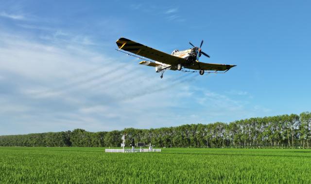 (260715) -- HARBIN, July 15, 2026 (Xinhua) -- This photo taken on July 13, 2026 shows an agricultural plane carrying out aerial crop protection operations over a field of Beidahuang Group in northeast China's Heilongjiang Province. China's northern regions have entered a critical period for the prevention and control of crop diseases and pests. Various agricultural production units under Beidahuang Group in Heilongjiang Province have launched aerial crop protection operations over farmlands in succession, ensuring sound crop growth. (Photo by Li Xing/Xinhua)