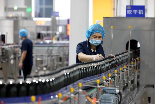 (260715) -- BEIJING, July 15, 2026 (Xinhua) -- Workers operate on a beverage production line at a company in Zaozhuang, east China's Shandong Province, July 15, 2026. China's gross domestic product (GDP) grew 4.7 percent year on year in the first half of 2026, data from the National Bureau of Statistics (NBS) showed Wednesday. (Photo by Sun Zhongzhe/Xinhua)