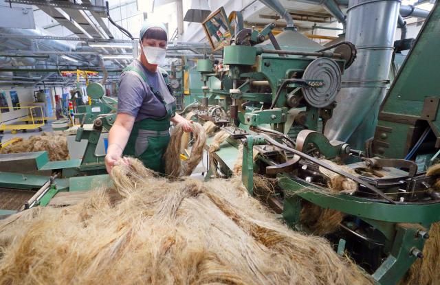 (260715) -- ORSHA, July 15, 2026 (Xinhua) -- A worker processes flax at the Orsha Linen Mill in Orsha, Belarus, July 9, 2026. From the blue flax fields of Belarus to the textile workshops and markets of China, linen has transcended its origins as a mere agricultural commodity.
   In the Belarusian city of Orsha, known as the country's "linen capital," stands one of Europe's largest linen processing enterprises, a facility with roots dating back to the 1930s.
   TO GO WITH "Feature: Linen weaves into fabric of China-Belarus friendship" (Photo by Zhinkov Henadz/Xinhua)