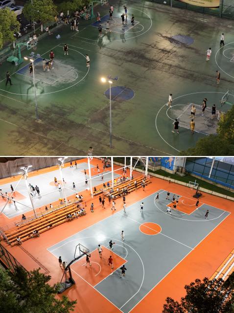 (260715) -- BEIJING, July 15, 2026 (Xinhua) -- This combo aerial drone photo shows citizens playing basketball at an outdoor playground on July 10, 2025 before its innovation (above), and citizens playing basketball at the same place on July 13, 2026 after its innovation (below) in Anji County of Huzhou City, east China's Zhejiang Province. During China's 14th Five-Year Plan period (2021-2025), over 240,000 old urban residential compounds were renovated across the country, benefiting more than 40 million households and 110 million residents.
   Under urban renewal initiatives, 129,000 elevators have been installed, over 3.4 million parking spaces have been added, and 64,000 residential compound service facilities providing services such as senior and child care have been constructed.
   Entering the 15th Five-Year Plan period (2026-2030), China schedules to start the renovation work of another 115,000 old urban residential compounds, in an effort to inject new development vitality into old neighborhoods. (Photo by Pan Xuekang/Xinhua)