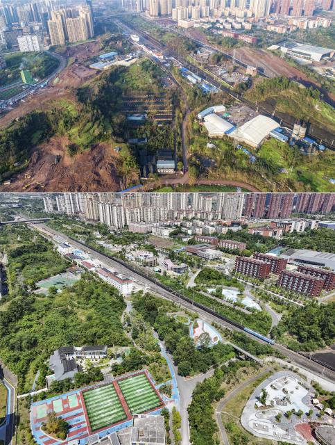 (260715) -- BEIJING, July 15, 2026 (Xinhua) -- This combo aerial drone photo shows an urban sports park on July 20, 2018 before its innovation (above),  and the same park on July 14, 2026 after its innovation (below, taken by Xinhua photographer Wang Xi) in Dazhou City, southwest China's Sichuan Province. During China's 14th Five-Year Plan period (2021-2025), over 240,000 old urban residential compounds were renovated across the country, benefiting more than 40 million households and 110 million residents.
   Under urban renewal initiatives, 129,000 elevators have been installed, over 3.4 million parking spaces have been added, and 64,000 residential compound service facilities providing services such as senior and child care have been constructed.
   Entering the 15th Five-Year Plan period (2026-2030), China schedules to start the renovation work of another 115,000 old urban residential compounds, in an effort to inject new development vitality into old neighborhoods. (Xinhua)