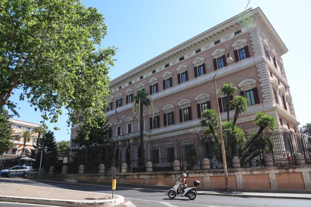 (260715) -- ROME, July 15, 2026 (Xinhua) -- This photo taken on July 15, 2026 shows an exterior view of the U.S. Embassy in Rome, Italy, where the talks between Israel and Lebanon take place. Israel and Lebanon concluded a new round of talks in Rome on Wednesday, moving closer to launching a pilot project, under which control of parts of southern Lebanon would be transferred from Israeli forces to the Lebanese army, according to Italian media. (Xinhua/Wang Kaiyan)