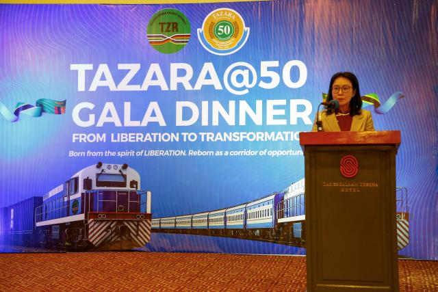 (260715) -- DAR ES SALAAM, July 15, 2026 (Xinhua) -- Chinese Ambassador to Tanzania Chen Mingjian delivers a speech at the gala dinner marking the 50th anniversary of the Tanzania-Zambia Railway's commercial operation in Dar es Salaam, Tanzania, July 14, 2026. TO GO WITH "China, Tanzania, Zambia reaffirm commitment to revitalizing TAZARA at railway's 50th anniversary" (Xinhua/Nurdin Pallangyo)