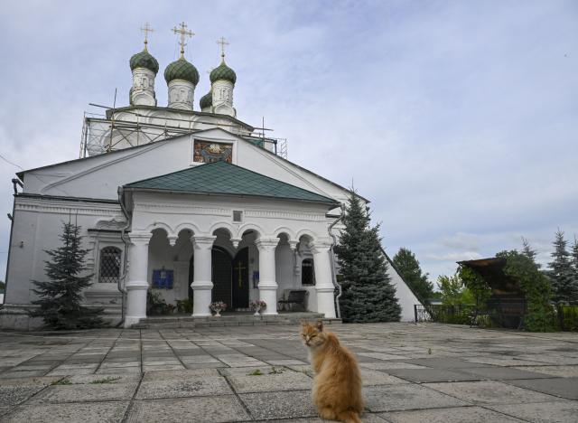(260715) -- MOSCOW, July 15, 2026 (Xinhua) -- A cat rests in front of a church in Vladimirskaya Oblast, Russia, July 12, 2026. Russia's "Golden Ring" is a cultural and tourism route surrounding the capital of Moscow, which brings the history and culture, architectural art, folk customs and natural scenery of Russia to its viewers. (Xinhua/Hao Jianwei)