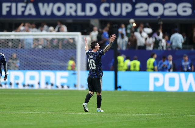 (260716) -- ATLANTA, July 16, 2026 (Xinhua) -- Lionel Messi of Argentina celebrates as Enzo Fernandez of Argentina scores during the semifinal match between Argentina and England at the 2026 FIFA World Cup at Atlanta Stadium in Atlanta, the United States, July 15, 2026. (Xinhua/Cao Can)