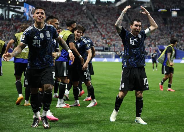 (260716) -- ATLANTA, July 16, 2026 (Xinhua) -- Lionel Messi (front R) of Argentina celebrates as Enzo Fernandez (front L) of Argentina scores during the semifinal match between Argentina and England at the 2026 FIFA World Cup at Atlanta Stadium in Atlanta, the United States, July 15, 2026. (Xinhua/Li Ming)