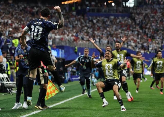 (260716) -- ATLANTA, July 16, 2026 (Xinhua) -- Lionel Messi of Argentina celebrates as Lautaro Martinez of Argentina scores during the semifinal match between Argentina and England at the 2026 FIFA World Cup at Atlanta Stadium in Atlanta, the United States, July 15, 2026. (Xinhua/Li Ming)