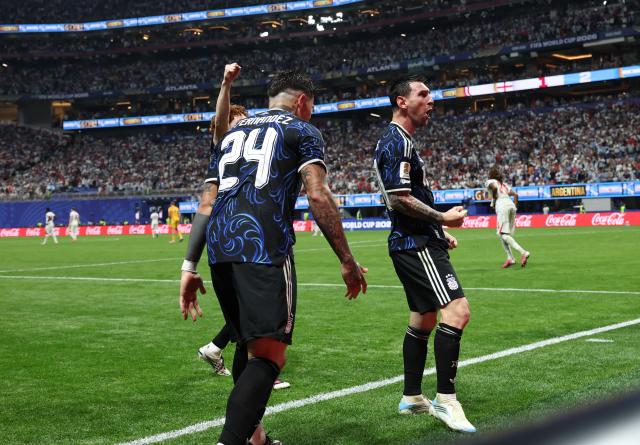 (260716) -- ATLANTA, July 16, 2026 (Xinhua) -- Lionel Messi (R) of Argentina celebrates as Lautaro Martinez of Argentina scores during the semifinal match between Argentina and England at the 2026 FIFA World Cup at Atlanta Stadium in Atlanta, the United States, July 15, 2026. (Xinhua/Li Ming)