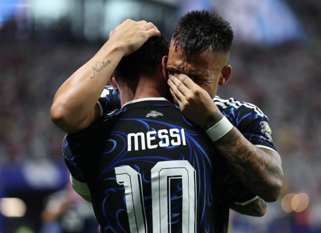 (260716) -- ATLANTA, July 16, 2026 (Xinhua) -- Lautaro Martinez (R) of Argentina celebrates a goal with Lionel Messi of Argentina during the semifinal match between Argentina and England at the 2026 FIFA World Cup at Atlanta Stadium in Atlanta, the United States, July 15, 2026. (Xinhua/Li Ming)