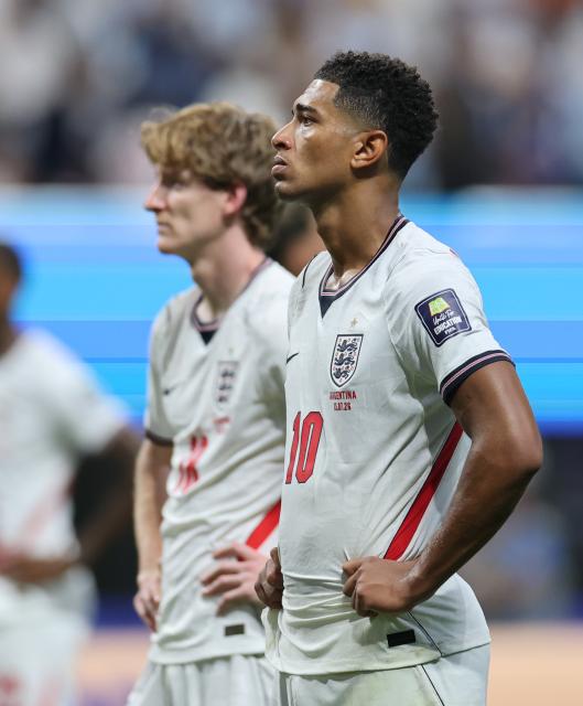 (260716) -- ATLANTA, July 16, 2026 (Xinhua) -- Jude Bellingham (R) of England reacts after the semifinal match between Argentina and England at the 2026 FIFA World Cup at Atlanta Stadium in Atlanta, the United States, July 15, 2026. (Xinhua/Cao Can)