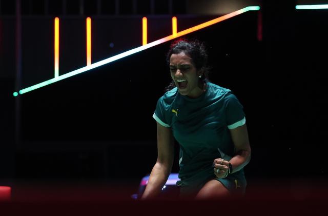 (260718) -- TOKYO, July 18, 2026 (Xinhua) -- Pusarla V. Sindhu celebrates scoring during the women's singles semifinal match between Chen Yufei of China and Pusarla V. Sindhu of India at the Japan Badminton Open 2026 in Tokyo, Japan, July 18, 2026.
   Chen retired from the match due to injury. (Xinhua/Yue Chenxing)