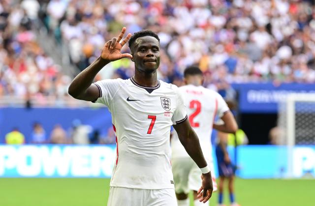 (260719) -- MIAMI, July 19, 2026 (Xinhua) -- Bukayo Saka of England celebrates scoring his third goal during the bronze final match between France and England at the 2026 FIFA World Cup in Miami, the United States, July 18, 2026. (Xinhua/Chen Yichen)