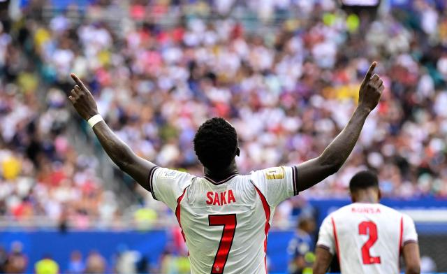 (260719) -- MIAMI, July 19, 2026 (Xinhua) -- Bukayo Saka of England celebrates scoring his third goal during the bronze final match between France and England at the 2026 FIFA World Cup in Miami, the United States, July 18, 2026. (Xinhua/Chen Yichen)