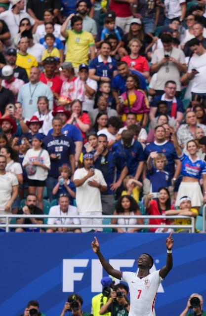 (260719) -- MIAMI, July 19, 2026 (Xinhua) -- Bukayo Saka of England celebrates scoring his third goal during the bronze final match between France and England at the 2026 FIFA World Cup in Miami, the United States, July 18, 2026. (Xinhua/Hu Xingyu)