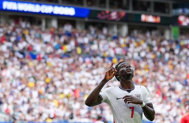 (260719) -- MIAMI, July 19, 2026 (Xinhua) -- Bukayo Saka of England celebrates scoring during the bronze final match between France and England at the 2026 FIFA World Cup in Miami, the United States, July 18, 2026. (Xinhua/Hu Xingyu)