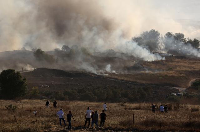(260719) -- NABLUS, July 19, 2026 (Xinhua) -- This photo taken on July 18, 2026 shows fire set by Israeli settlers to the fields in the town of Tell, southwest of Nablus in the West Bank. (Photo by Nidal Eshtayeh/Xinhua)