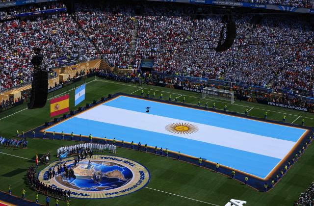 (260720) -- NEW JERSEY, July 20, 2026 (Xinhua) -- National flag of Argentina is seen before the final match between Spain and Argentina at the 2026 FIFA World Cup at the New York New Jersey Stadium, the United States, July 19, 2026. (Xinhua/Hu Xingyu)
