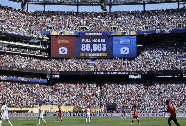 (260720) -- NEW JERSEY, July 20, 2026 (Xinhua) -- The number of attendance is shown on the screen during the final match between Spain and Argentina at the 2026 FIFA World Cup at the New York New Jersey Stadium, the United States, July 19, 2026. (Xinhua/Cao Can)