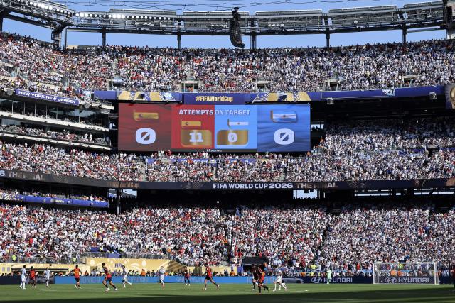 (260720) -- NEW JERSEY, July 20, 2026 (Xinhua) -- The match statistics are seen on the screen during the final match between Spain and Argentina at the 2026 FIFA World Cup at the New York New Jersey Stadium, the United States, July 19, 2026. (Xinhua/Cao Can)
