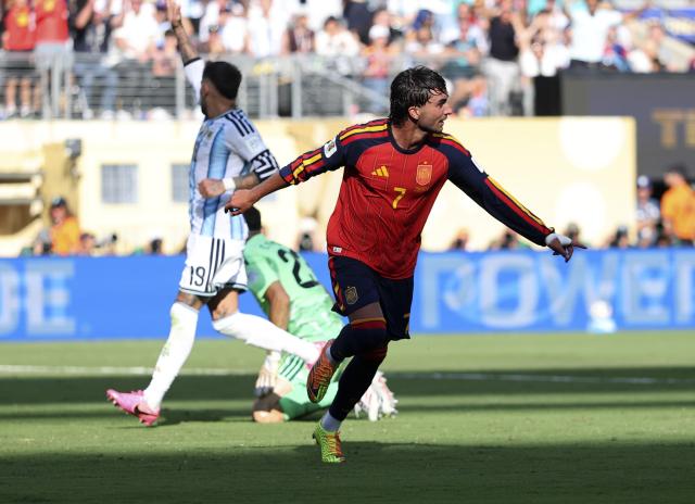(260720) -- NEW JERSEY, July 20, 2026 (Xinhua) -- Ferran Torres of Spain celebrates during the final match between Spain and Argentina at the 2026 FIFA World Cup at the New York New Jersey Stadium, the United States, July 19, 2026. (Xinhua/Cao Can)