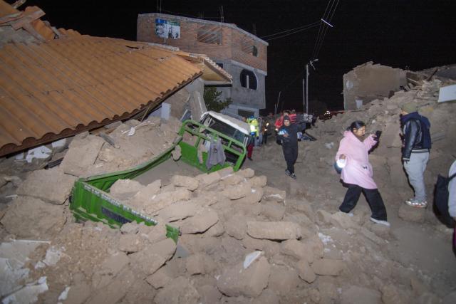 (260720) -- CHUPACA, July 20, 2026 (Xinhua) -- This photo taken on July 18, 2026 shows a scene after an earthquake in Chupaca province, Junin, Peru. At least five people were killed after an earthquake struck Peru's central department of Junin Saturday night, local media reported Sunday. (Xinhua)