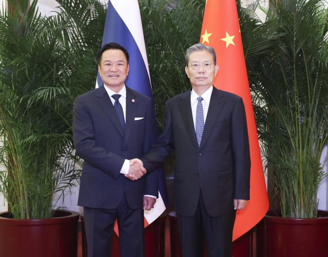 (260720) -- BEIJING, July 20, 2026 (Xinhua) -- Zhao Leji, chairman of the National People's Congress (NPC) Standing Committee, meets with Thai Prime Minister Anutin Charnvirakul in Beijing, capital of China, July 20, 2026. (Xinhua/Pang Xinglei)