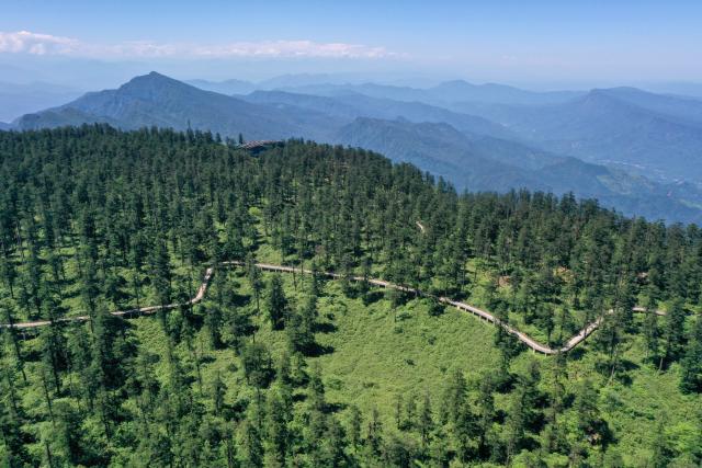 (260720) -- CHENGDU, July 20, 2026 (Xinhua) -- An aerial drone photo taken on July 19, 2026 shows a hiking trail on the Wawu Mountain in Hongya County, southwest China's Sichuan Province. Known for its distinctive table-mountain landform, Wawu Mountain features a summit plateau covering about 11 square kilometers, making it a popular tourist destination. (Xinhua/Xu Bingjie)