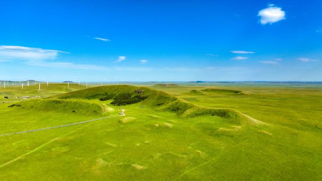 (260720) -- XILINGOL LEAGUE, July 20, 2026 (Xinhua) -- An aerial drone photo taken on July 19, 2026 shows a volcano in a national geopark in Xilingol League, north China's Inner Mongolia Autonomous Region. (Photo by Wang Zheng/Xinhua)