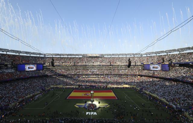 (260720) -- NEW JERSEY, July 20, 2026 (Xinhua) -- This photo taken on July 19, 2026 shows a general view of the awarding ceremony after the final match between Spain and Argentina at the 2026 FIFA World Cup at the New York New Jersey Stadium, the United States. (Xinhua/Xu Zijian)