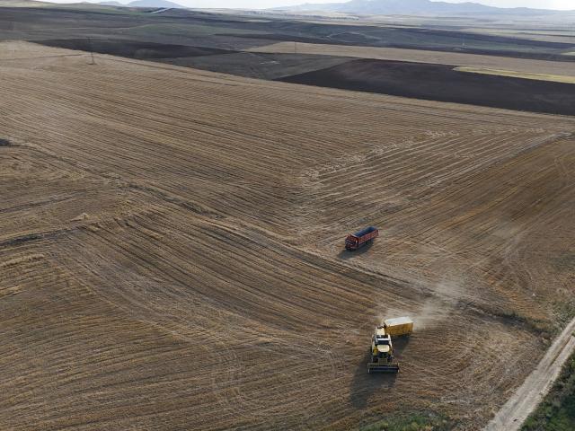 (260720) -- ANKARA, July 20, 2026 (Xinhua) -- An aerial drone photo shows a harvester at a wheat field in Ankara, Türkiye, on July 19, 2026. (Mustafa Kaya/Handout via Xinhua)