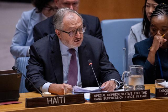 (260720) -- UNITED NATIONS, July 20, 2026 (Xinhua) -- Special representative for the Gang Suppression Force in Haiti, Jack Christofides, speaks at a Security Council meeting at the UN headquarters in New York, July 20, 2026. The top UN envoy in Haiti on Monday called for efforts to maintain the current momentum in the country's political transition. (Manuel Elias/UN Photo/Handout via Xinhua)