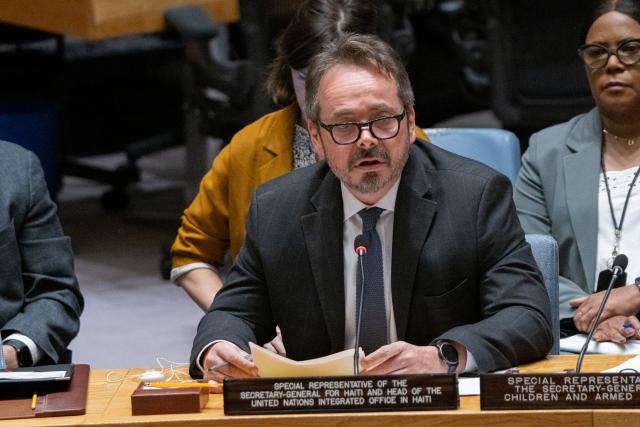 (260720) -- UNITED NATIONS, July 20, 2026 (Xinhua) -- The UN secretary-general's special representative for Haiti, Carlos Ruiz Massieu, speaks at a Security Council meeting at the UN headquarters in New York, July 20, 2026. The top UN envoy in Haiti on Monday called for efforts to maintain the current momentum in the country's political transition. (Eskinder Debebe/UN Photo/Handout via Xinhua)