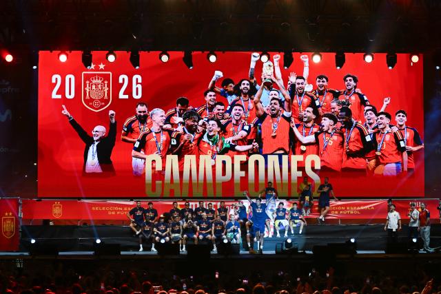 (260721) -- MADRID, July 21, 2026 (Xinhua) -- Players of Spain attend the celebrations after winning the 2026 FIFA World Cup in Madrid, Spain, on July 20, 2026. (Photo by Gustavo Valiente/Xinhua)