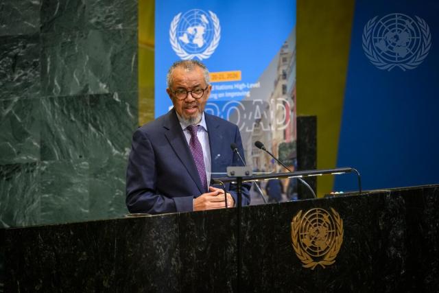 (260721) -- UNITED NATIONS, July 21, 2026 (Xinhua) -- Tedros Adhanom Ghebreyesus, director-general of the World Health Organization, addresses the General Assembly high-level meeting on improving global road safety at the UN headquarters in New York, July 20, 2026. The UN General Assembly adopted a draft resolution on Monday reaffirming the global target of reducing road traffic deaths and injuries by at least 50 percent by 2030 and committing to take the necessary measures to achieve the goals. (Loey Felipe/UN Photo/Handout via Xinhua)