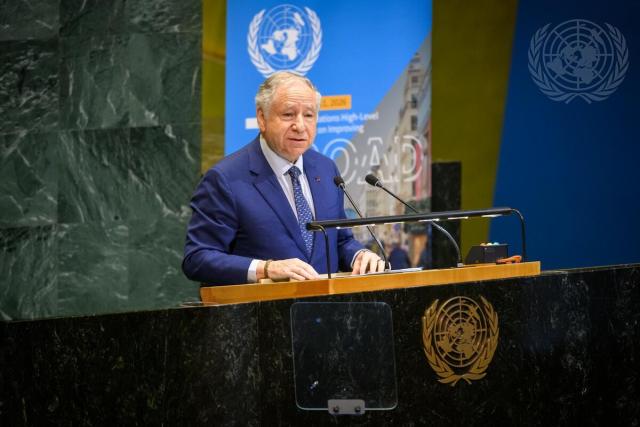 (260721) -- UNITED NATIONS, July 21, 2026 (Xinhua) -- Jean Todt, special envoy of the UN secretary-general for road safety, addresses the General Assembly high-level meeting on improving global road safety at the UN headquarters in New York, July 20, 2026. The UN General Assembly adopted a draft resolution on Monday reaffirming the global target of reducing road traffic deaths and injuries by at least 50 percent by 2030 and committing to take the necessary measures to achieve the goals. (Loey Felipe/UN Photo/Handout via Xinhua)