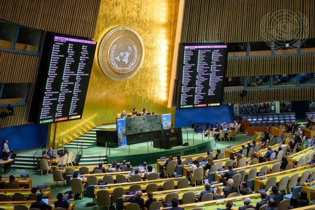 (260721) -- UNITED NATIONS, July 21, 2026 (Xinhua) -- This photo taken on July 20, 2026 shows a view of the UN General Assembly high-level meeting on improving global road safety at the UN headquarters in New York. The UN General Assembly adopted a draft resolution on Monday reaffirming the global target of reducing road traffic deaths and injuries by at least 50 percent by 2030 and committing to take the necessary measures to achieve the goals. (Loey Felipe/UN Photo/Handout via Xinhua)