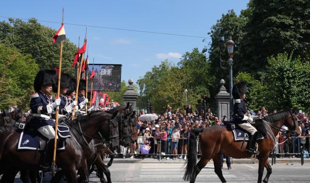 (260721) -- BRUSSELS, July 21, 2026 (Xinhua) -- Cavalrymen march during a military and civil parade of Belgian National Day celebrations in Brussels, Belgium, on July 21, 2026. (Xinhua/Weng Xinyang)