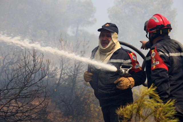 (260721) -- ALGIERS, July 21, 2026 (Xinhua) -- Firefighters work against a wildfire on a mountain in El Hachimia, northern Algeria, on July 21, 2026. Six people have been killed in wildfires sweeping across northern Algeria as a prolonged heat wave continues to fuel forest and vegetation fires in several provinces, the Algerian Ministry of the Interior, Local Authorities and Transports said Tuesday. (Photo by Billel Bensalem/Xinhua)