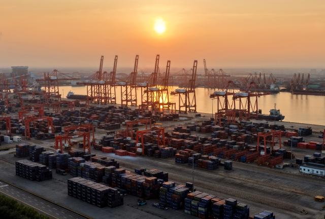 (260722) -- TANGSHAN, July 22, 2026 (Xinhua) -- A drone photo taken on July 21, 2026 shows a container yard at the Jingtang area of Tangshan Port in Tangshan, north China's Hebei Province. Cargo throughput of Tangshan Port reached 445.56 million tonnes in the first half of 2026, up 2.77 percent year on year, according to local port administration. (Xinhua/Yang Shiyao)
