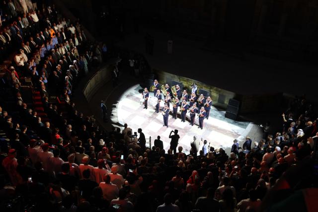 (260722) -- JERASH, July 22, 2026 (Xinhua) -- Artists perform at a theater of Jerash archaeological site during the 40th Jerash Festival for Culture and Arts in Jerash, Jordan, July 22, 2026. Jordan's Jerash Festival for Culture and Arts will mark its 40th edition from July 22 to Aug. 2, turning the ancient Roman city of Jerash into a vibrant hub for cultural exchange, artistic expression and civilizational dialogue. (Photo by Mohammad Abu Ghosh/Xinhua)
