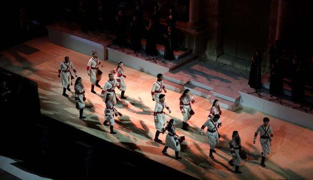 (260722) -- JERASH, July 22, 2026 (Xinhua) -- Artists perform at a theater of Jerash archaeological site during the 40th Jerash Festival for Culture and Arts in Jerash, Jordan, July 22, 2026. Jordan's Jerash Festival for Culture and Arts will mark its 40th edition from July 22 to Aug. 2, turning the ancient Roman city of Jerash into a vibrant hub for cultural exchange, artistic expression and civilizational dialogue. (Photo by Mohammad Abu Ghosh/Xinhua)