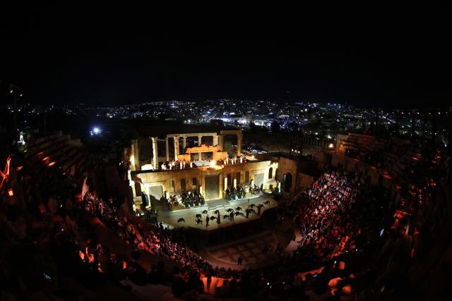 (260722) -- JERASH, July 22, 2026 (Xinhua) -- Artists perform at a theater of Jerash archaeological site during the 40th Jerash Festival for Culture and Arts in Jerash, Jordan, July 22, 2026. Jordan's Jerash Festival for Culture and Arts will mark its 40th edition from July 22 to Aug. 2, turning the ancient Roman city of Jerash into a vibrant hub for cultural exchange, artistic expression and civilizational dialogue. (Photo by Mohammad Abu Ghosh/Xinhua)